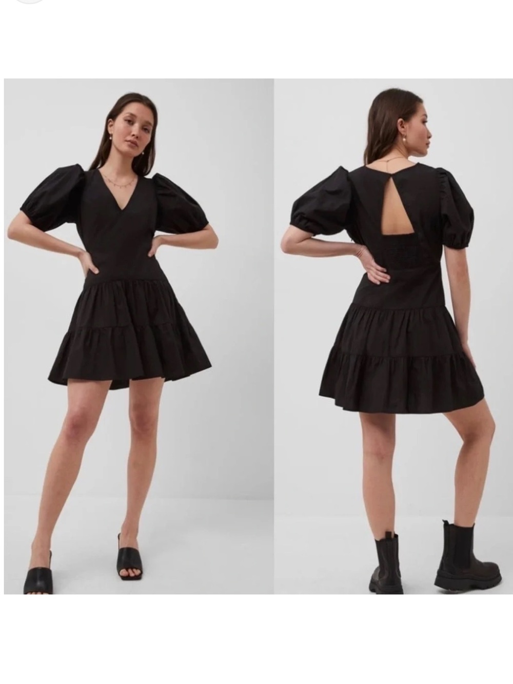 French Connection Birch Poplin Puff Sleeve Mini Dress Black Size 6